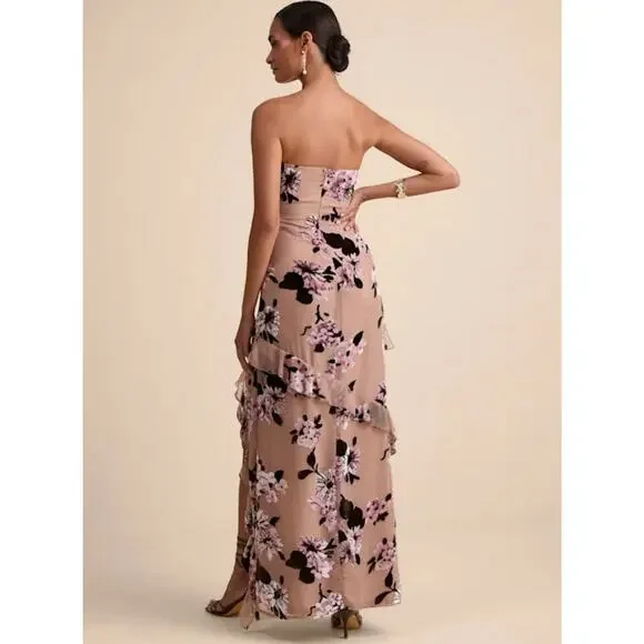 LULUS Chelisa Beige Velvet Floral Ruffled Bustier Strapless Maxi Dress Sz S NWT - Picture 2 of 14